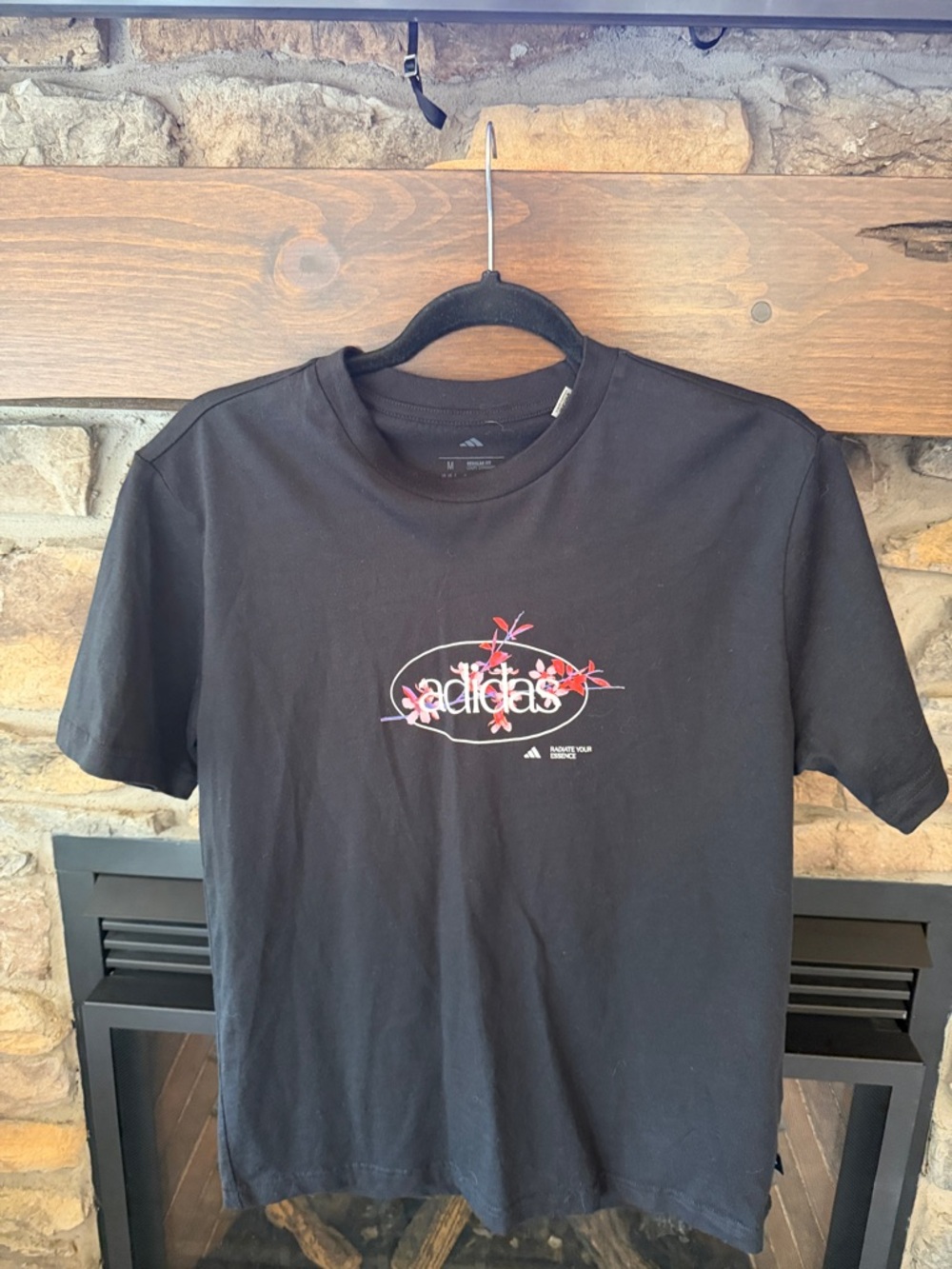 adidas Black Tee with Red-Pink Floral Logo